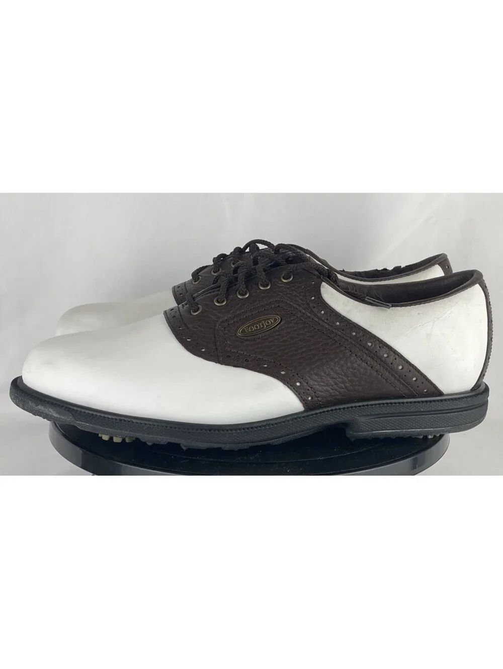 Men’s Size 10 FootJoy eComfort Golf Shoes White Brown Saddle Oxford Spikes